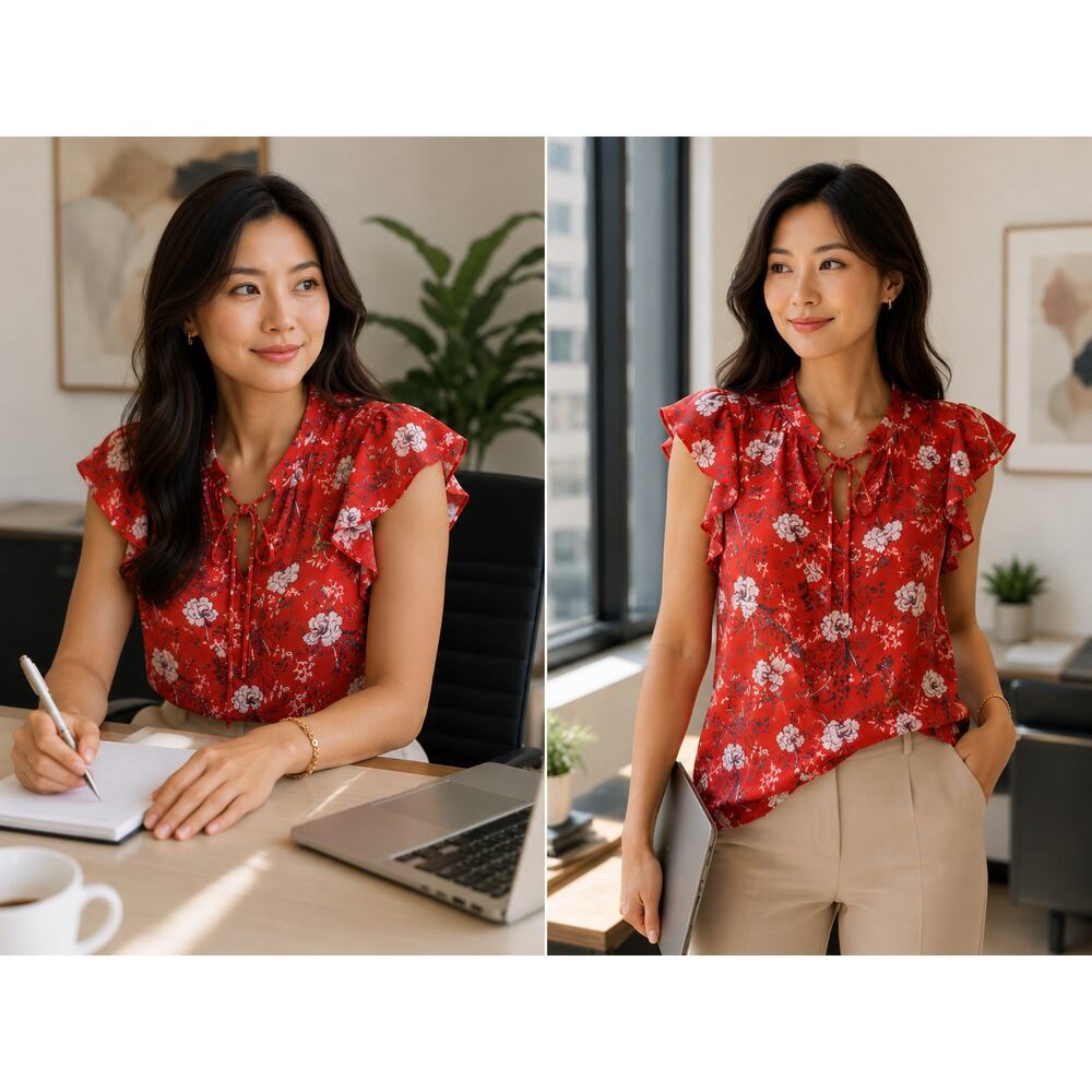 Abercrombie & Fitch Red Floral Tie Neck Blouse Medium Office Flutter Sleeve Top